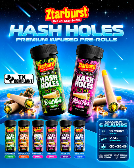 ZTAR BURST - HASH HOLE CBD+CBG+D9 PRE-ROLLS 2GM JOINT JAR | DISPLAY OF 10 (MSRP $)
