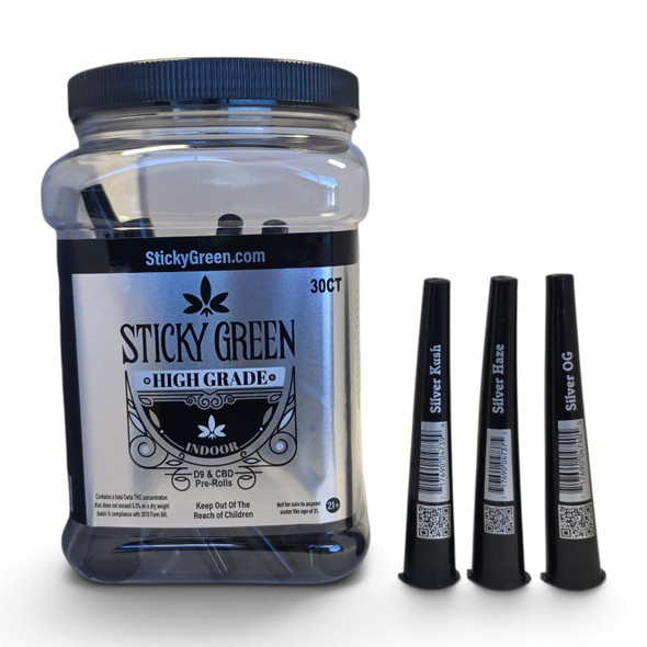 STICKY GREEN - HIGH GRADE D9 & CBD PRE-ROLL JAR (SILVER) TEXAS COMPLIANT | DISPLAY OF 30 (MSRP $)