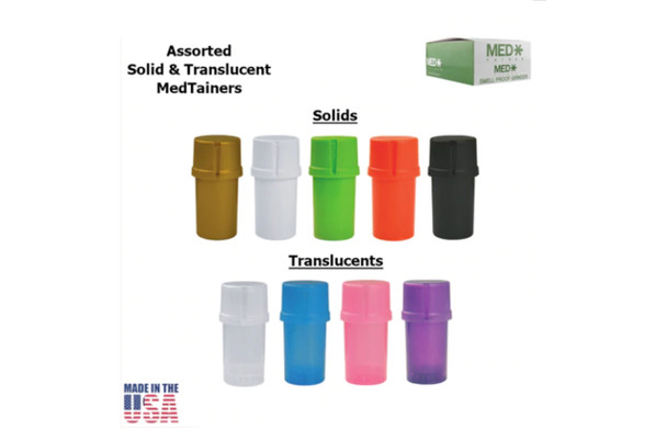 MEDTAINERS - SMELL PROOF STORAGE CONTAINER w/ BUILT-IN GRINDER - PLAIN ASSORTED COLORS & TRANSLUCENTS | DISPLAY OF 12 (MSRP $)