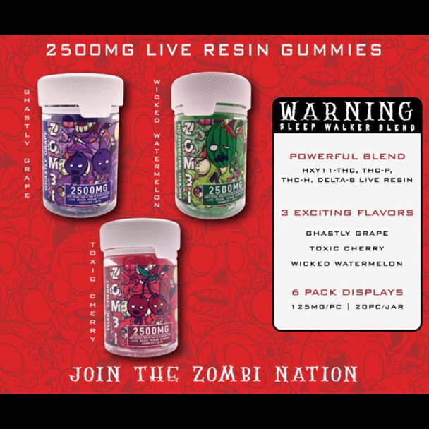 ZOMBI - HXY-11 THC + THC-P + THC-H + D8-THC LIVE RESIN VEGAN GUMMIES 2500MG 20CT | SINGLE (MSRP $29.99)