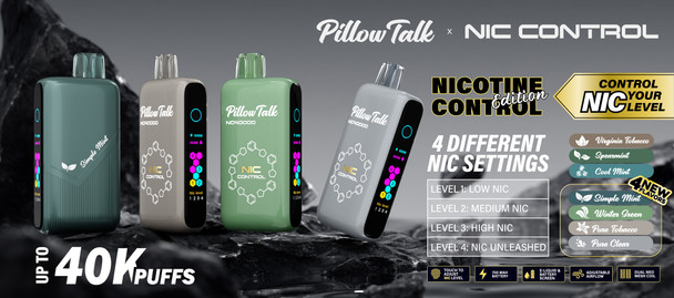 PILLOW TALK NICOTINE CONTROL NC40000 PUFFS 20ML DISPOSABLE DEVICE with TOUCH TO ADJUST NICOTINE LEVEL & LED SCREEN - TEXAS COMPLIANT SB2024 | DISPLAY OF 5 (MSRP $24.99 Each)