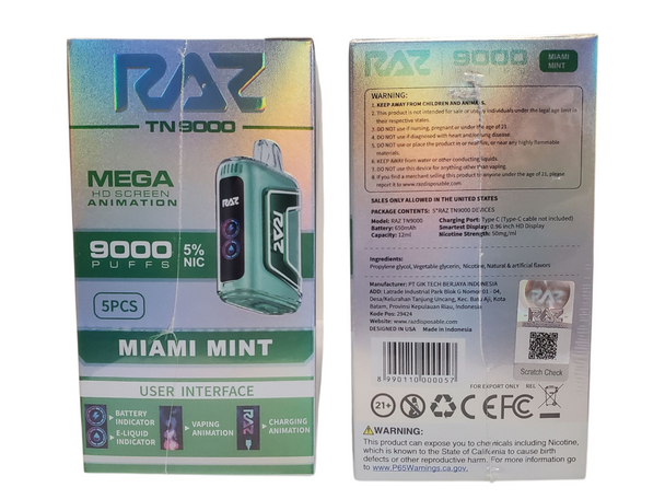 RAZ TN9000 PUFFS 5% NICOTINE DISPOSABLE DEVICE - TEXAS COMPLIANT SB2024 | DISPLAY OF 5 ( MSRP $ Each)