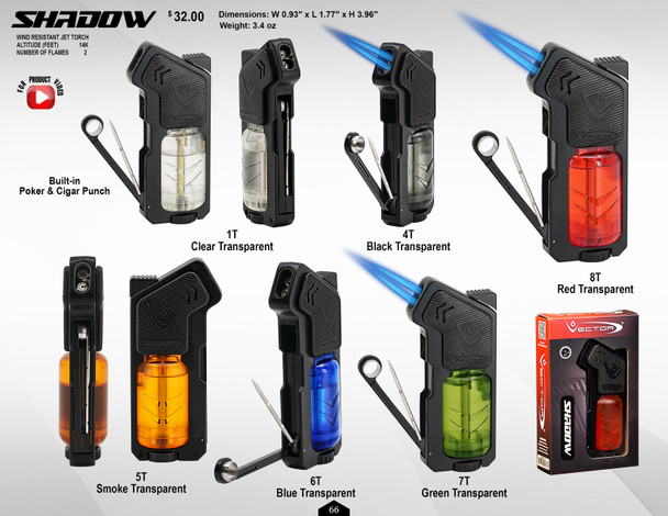 VECTOR - SHADOW TORCH LIGHTER with BUILT-IN POKER & CIGAR PUNCH | SINGLE (MSRP: $32.00)