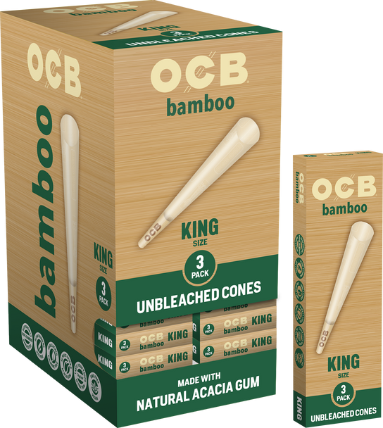 OCB - BAMBOO UNLEACHED PRE-ROLLED CONE - KING SIZE 3PACK | DISPLAY OF 24 (MSRP $3.00each)