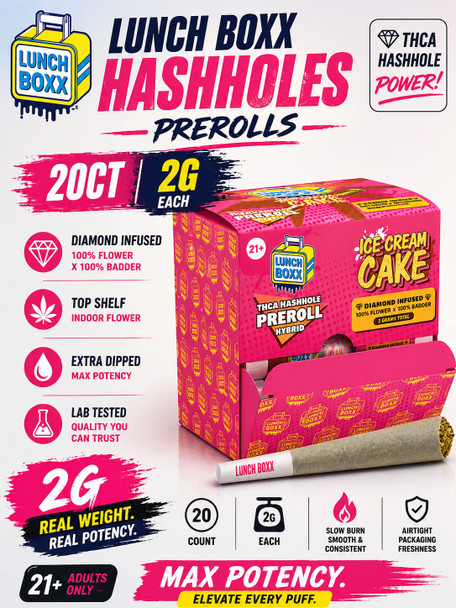 LUNCH BOXX THC-A HASH HOLE PRE-ROLLS DIAMOND INFUSED 100% BADDER 2GRAM 1CT | DISPLAY OF 20 (MSRP $)