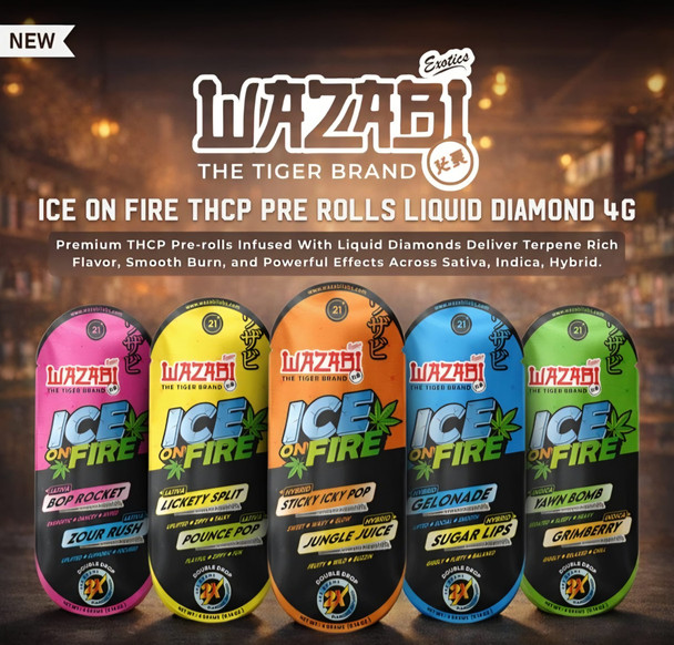 WAZABI EXOTICS ICE on FIRE THC-P LIQUID DIAMOND PRE-ROLLS 2 x 2GRAMS | DISPLAY OF 10 (MSRP $each)