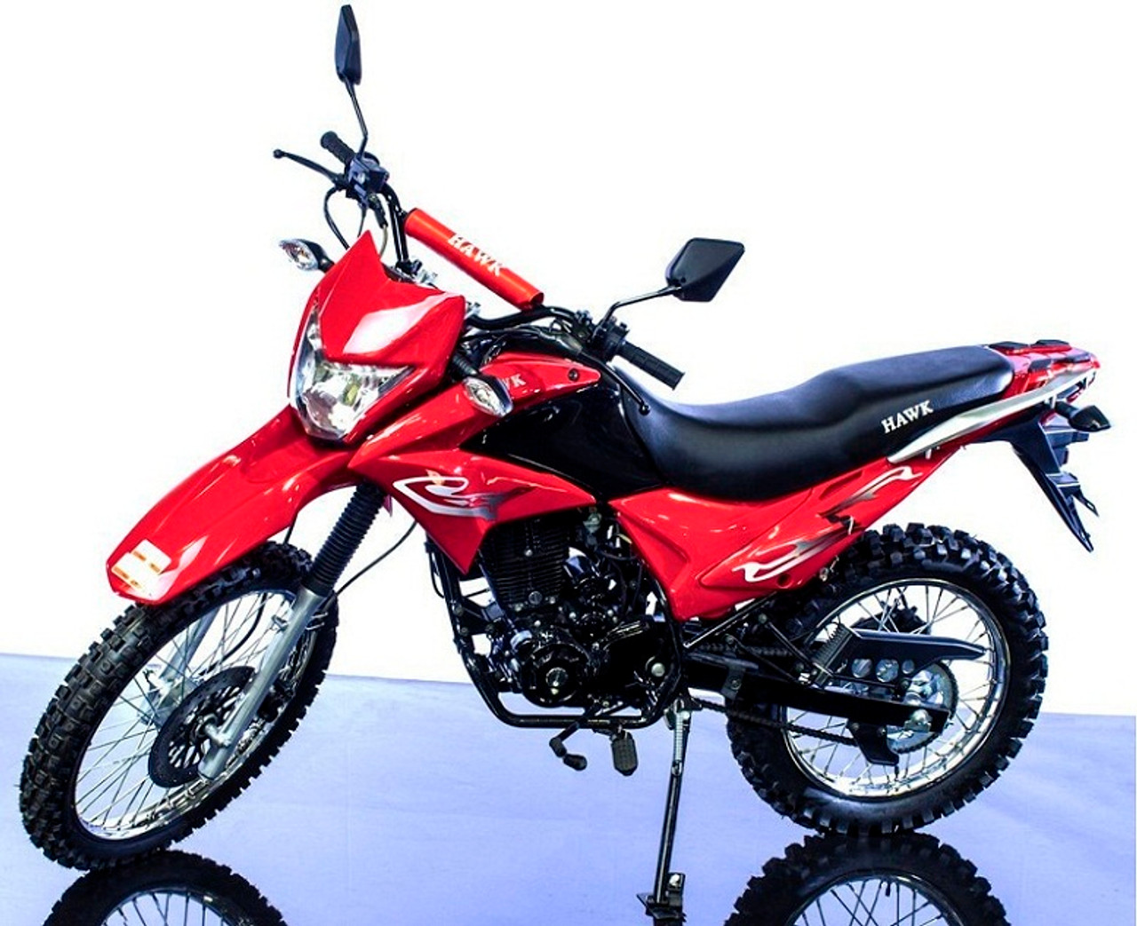 New Hawk 250cc Dirt Bike Dual Sports Enduro Street Legal With Bluetooth Speaker and Phone Holder RED SIDE VIEW