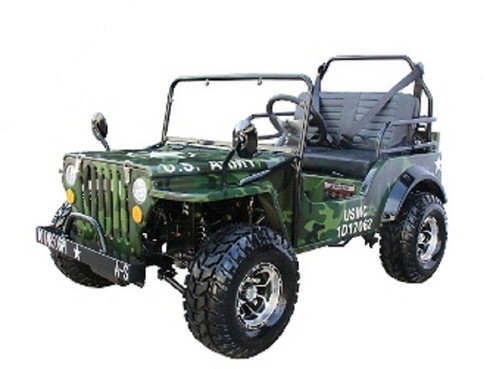 Mini Jeep Gas Golf Cart 125cc Jeep Mini Truck ELITE Edition with 3-Speed Transmission w/Reverse, Custom Rims And Fender Flares Green camo