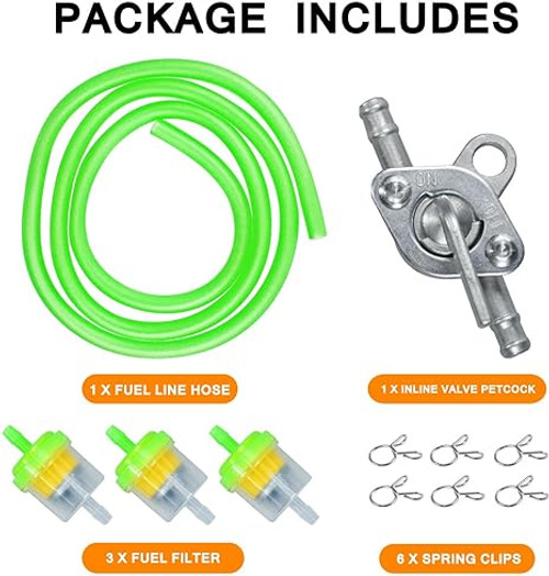 HOLATO Gas Fuel Line Hose Clamps Fuel Filters with Inline Shut Off Valve Petcock Set for 50cc 70cc 90cc 110cc 125cc 150cc Taotao Coolster Apollo Baja ATV Four Wheeler Moped Dirt Pit Bike Go Kart Green