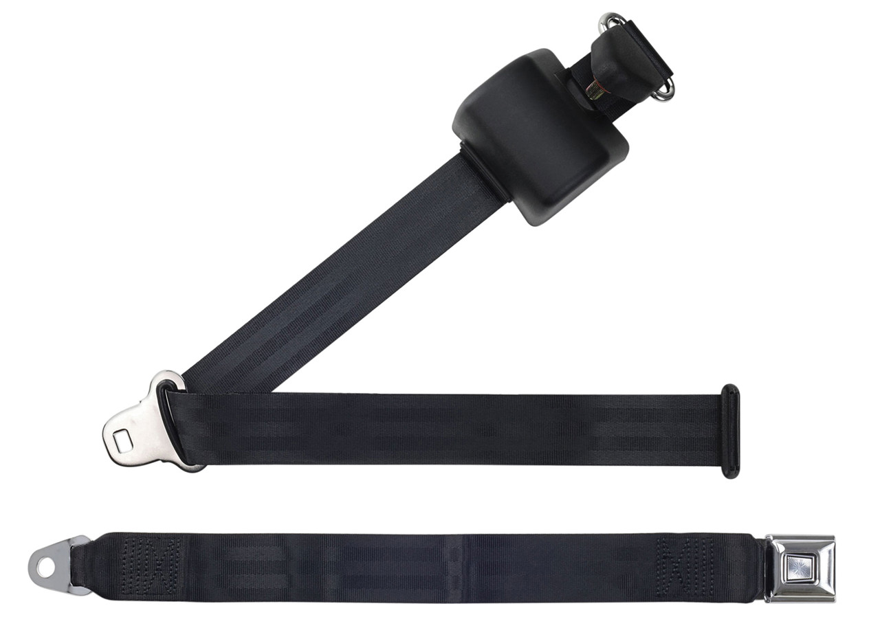 2-Point Sunburst Retractable Seat Belts - Black, Bucket Seats, Muscle Car Hotrod Universal