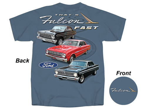 T-SHIRT THAT'S FALCON FAST COTTON 3 CARS TRACKS & LOGOS-BACK SCRIPT & LOGO-LEFT FRONT SLATE BLUE XXX-LARGE (FMTFFUXXXL)