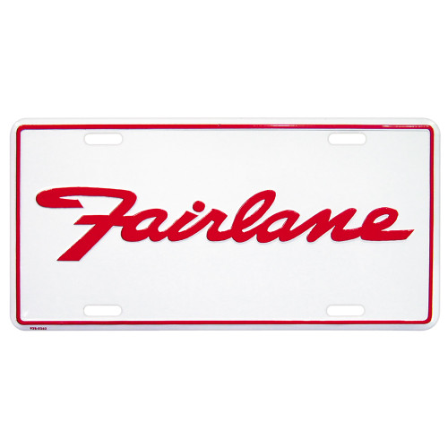 "FAIRLANE" LICENSE PLATE RED EMBOSSED SCRIPT AND BORDER ON WHITE TAG (LP93B-0262)