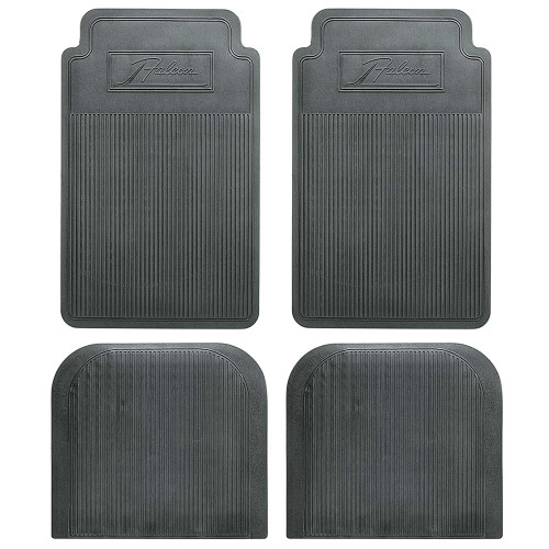 FLOOR MATS 1960-70 FORD FALCON DELUXE FUTURA SPRINT 4-PC BLACK RIBBED FR RR RUBBER BIRD & SCRIPT LOGO (C4DZ-6513086-01)