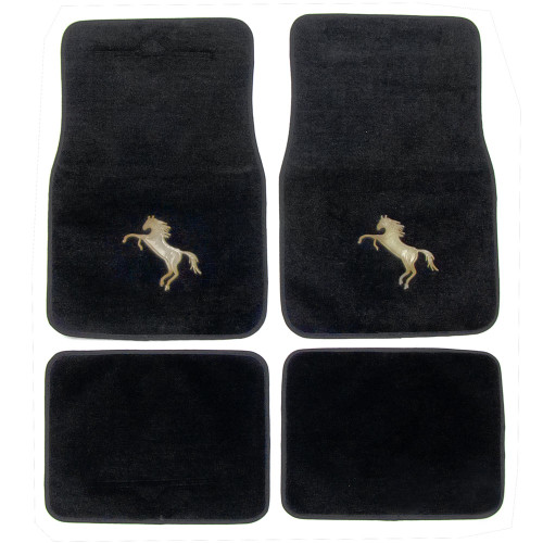 FLOOR MATS 1964-PRESENT FORD MUSTANG FRONT/REAR UNIVERSAL BLACK CUT PILE FRONT MATS WITH WHITE HORSE EMBOSSED 4-PC (FMMU)