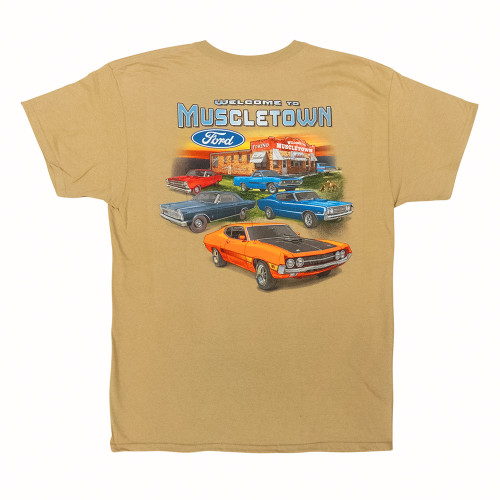 T-SHIRT "WELCOME TO MUSCLETOWN" FAIRLANE TORINO RANCHERO GALAXIE TAN X-LARGE (FMWMTTXL)