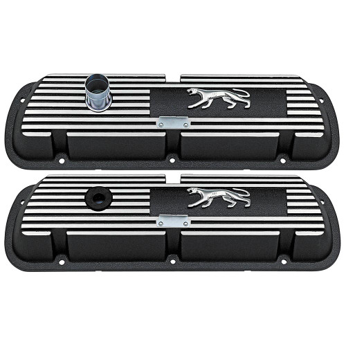 VALVE COVERS 1967-70 MERCURY COUGAR 289 302 351W ENGINE CAT AND LOGO STAMP POLISHED ALUM FINNED BLACK PAIR (6A582-CG)