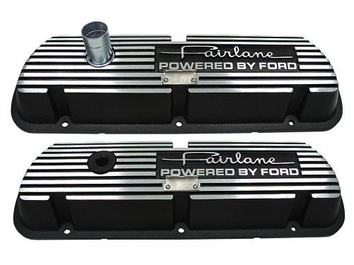 VALVE COVERS 1962-70 FORD FAIRLANE 289 302 351W ENGINE POWERED BY FORD ALUM RIBBED BLACK LH RH PAIR (6A582-FL)
