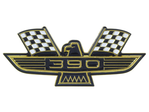 FENDER EMBLEM EARLY 1960S FORD GALAXIE FAIRLANE 390 BLACK/WHITE EAGLE CHECKED FLAGS GOLDEN TRIM & HARDWARE (C2AZ-16228G)