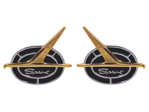 ROOF-SIDE EMBLEMS 1963 FORD FALCON SPRINT GOLD BIRD ON BLACK WITH CHROME ACCENTS & HARDWARE LH RH PAIR (C3DZ-63517A18-9)