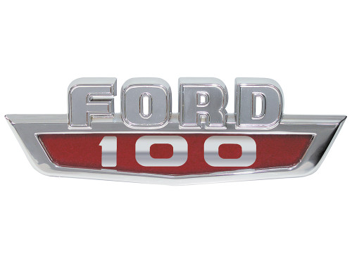 HOOD-SIDE EMBLEM 1963-65 FORD F-SERIES F-100 PICKUP TRUCK FRONT "FORD 100" RED BACKGROUND NAMEPLATE (C3TZ-16720C)