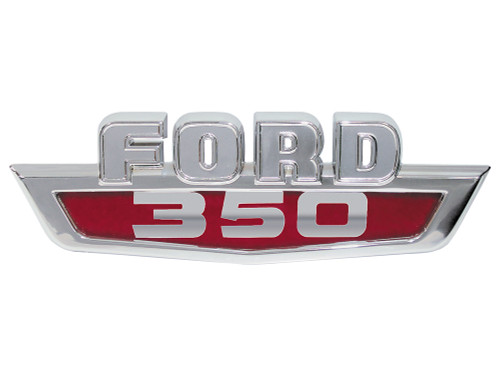 HOOD-SIDE EMBLEM 1963-66 FORD F-SERIES F-350 PICKUP TRUCK CHROME WITH "FORD 350" RED BACKGROUND NAMEPLATE (C3TZ-16720E)