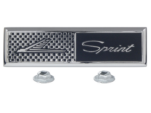 DOOR PANEL EMBLEM 1964-65 FORD FALCON SPRINT CHROME BIRD ON CHECKS AND BLACK WITH SCRIPT NAMEPLATE (C4DZ-6320348A)