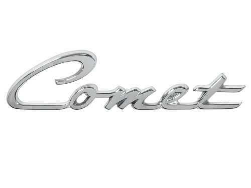 HOOD EMBLEM “COMET” SCRIPT 1964 MERCURY COMET CALIENTE CYCLONE VILLAGER FRONT EDGE ORNAMENT 1-PIECE CHROME (C4GY-16604A)