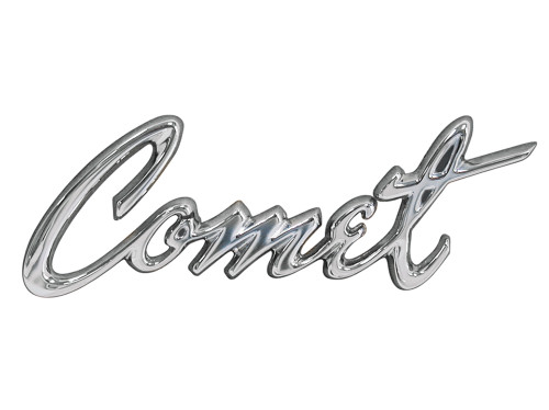 EMBLEM “COMET” SCRIPT 1965 MERCURY COMET FRONT EDGE HOOD-QUARTER PANEL OPEN LETTER NAMEPLATE ORNAMENT (C5GY-16604A)