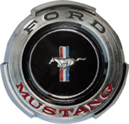 GAS CAP 1965 FORD MUSTANG RUNNING PONY ON RED WHITE BLUE STRIPES BLACK AND RED PRINT CHROME WITH WIRE BALE (C5ZZ-9030B)