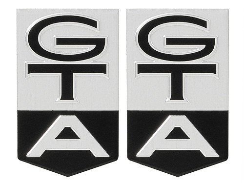 EMBLEM INSERTS "GTA" 1966 FORD FAIRLANE 500 GT 2DR HARDTOP & CONVERTIBLE FRONT FENDER BLACK & SILVER PAIR (C6OZ-16098IN)