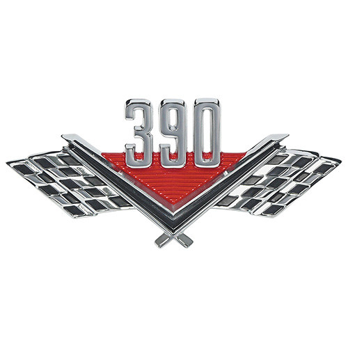 FENDER EMBLEM "390" 1966 FORD FAIRLANE WITH CROSSED BLACK & CHROME CHECKERED FLAGS RED TRAINGLE BACKGROUND (C6OZ-16228A)