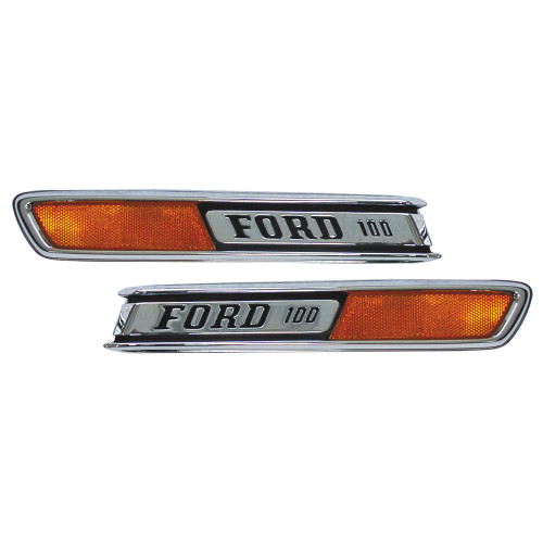 HOOD-SIDE EMBLEM 1968-72 FORD F-SERIES F-100 PICKUP TRUCK "FORD 100" WITH AMBER REFLECTOR LH RH SIDE PAIR (C8TZ-16720)