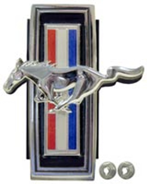 GRILLE ORNAMENT 1969 FORD MUSTANG HARDTOP FASTBACK CONVERTIBLE CHROME HORSE RED WHITE BLUE STRIPES ON BLACK (C9ZZ-8213)