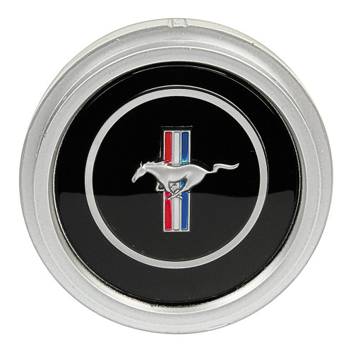 HORN RING EMBLEM 1970-73 FORD MUSTANG 3-SPOKE STEERING WHEEL RUNNING PONY AND RED WHITE BLUE BARS ON BLACK (D0ZZ-3649A) HORN RING EMBLEM 1970-73 FORD MUSTANG 3-SPOKE STEERING WHEEL RUNNING PONY AND RED WHITE BLUE BARS ON BLACK (D0ZZ-3649A)