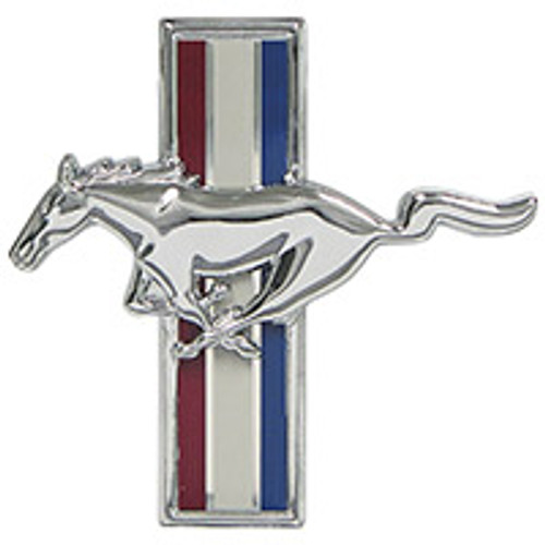 ORNAMENT 1971-73 FORD MUSTANG MACH 1 GRILLE CHROME-PLATED RUNNING PONY ON RED WHITE BLUE BARS DECORATION (D1ZZ-8213B)