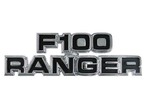 COWL-SIDE EMBLEM "F100 RANGER" 1977-79 FORD F-100 RANGER PICKUP CHROME AND BLACK WITH BLOCK LETTERS (D7TZ-16720J)