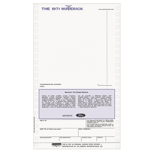NEW CAR PRICE WINDOW STICKER 1971 FORD MAVERICK (DF1243)