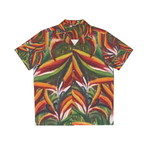 Beautiful Bird of Paradise, Mikala Men's Hawaiian Shirt is design from painting of same name, highlights the colors of the flower of reds and yellows enhanced by the the green foliage