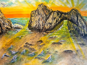 Bathe in the mesmerizing hues of a sunset sky ablaze with a spectrum of oranges, yellows, and traces of blue, cascading a mystical glow over the seascape. The fierce yet harmonious dance between the turbulent sea and the rugged rock formations evokes a sense of primal energy and timeless resilience. The waves, crowned with whitecaps, whisper ancient secrets as they gently embrace the rocky shoreline.