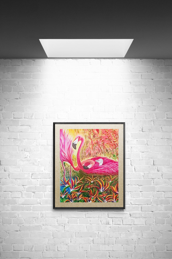 "Flamingo Family" is earlier rendering of painting from the series "Flamingos-Just Love" painting spells LOVE, the word is hidden in the painting.