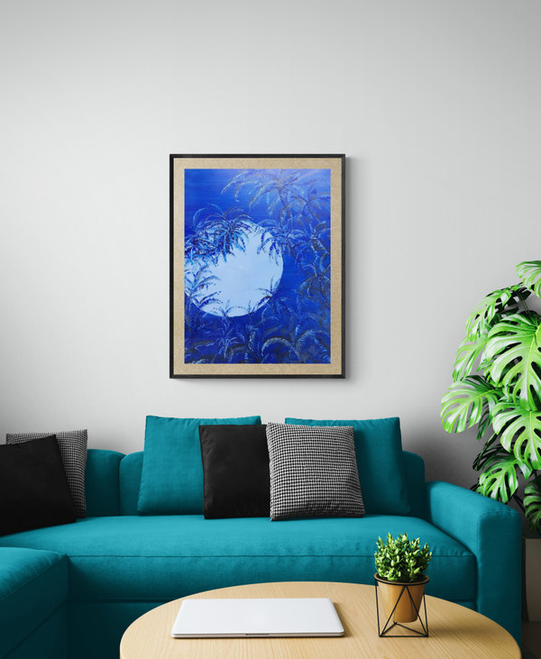 "Hawaii Blue Moon", is the original painting done in blue hues, whites and grays.