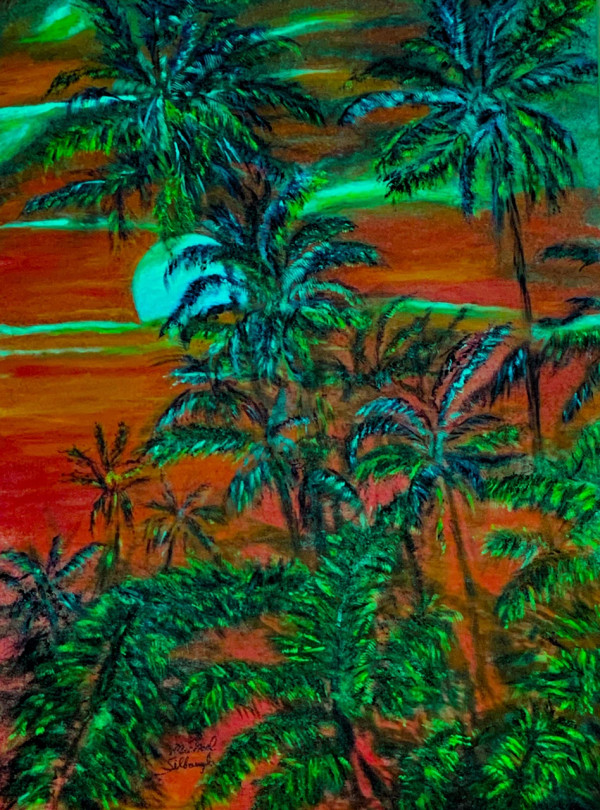 "Ahi'ahi Mahina"(evening Moon) painting depicts the flow of lava as it destroys the tropical rainforest paradise .