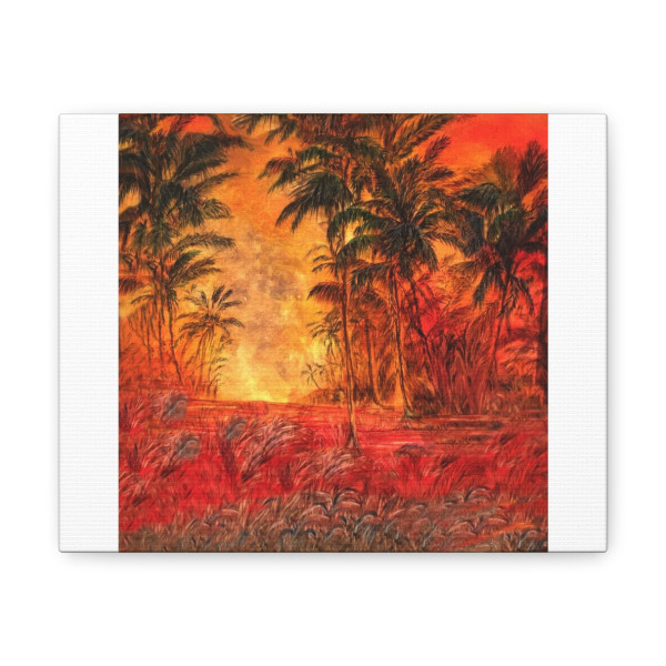 Moku(island) Glow" painting depicts the inundation of lava and sulfur dioxide as it destroys the rainforest paradise of Leilani Puna and reshape the land(aina) along the beaches of Hawaii
