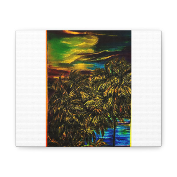 "Last Evening at Kapoho Kahakai"(Beach) commemorates that event, the painting done in blues, purples, with white highlights, with the yellow glow of a setting sun at dusk, the overall feeling of the painting gives a tranquil feeling.