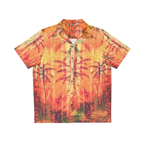 Maika'i  Mahina (Good Moon) Hawaiian shirt depicts the flow of lava as it destroys the rainforest paradise of Puna along the beaches of Hawaii. Graphic taken from painting by Michael Silbaugh.