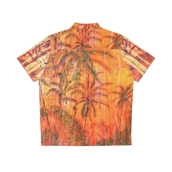 Maika'i  Mahina (Good Moon) Hawaiian shirt depicts the flow of lava as it destroys the rainforest paradise of Puna along the beaches of Hawaii. Graphic taken from painting by Michael Silbaugh.