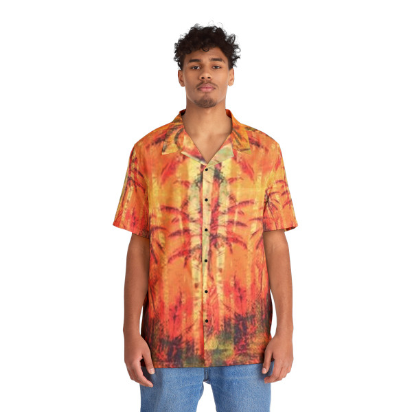 Maika'i  Mahina (Good Moon) Hawaiian shirt depicts the flow of lava as it destroys the rainforest paradise of Puna along the beaches of Hawaii. Graphic taken from painting by Michael Silbaugh.