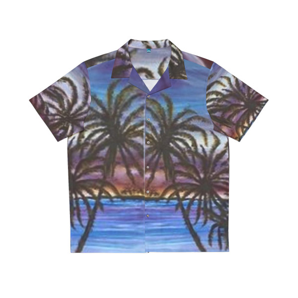 "Dusk at Palm Tree Beach" graphics from painting and is done in blues, purples, with white highlights, darkness to give feeling of evening, the overall feeling gives a tranquil feeling.