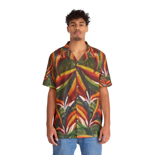 Beautiful Bird of Paradise, Mikala Men's Hawaiian Shirt is design from painting of same name, highlights the colors of the flower of reds and yellows enhanced by the the green foliage