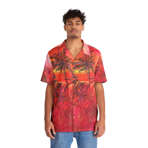 "Purple Glow" Hawaiian shirt depicts the flow of lava as it destroys the rainforest paradise of Puna along the beaches of Hawaii. Design taken from oil painting Purple Glow.

Mikala* aloha shirts are a fashion wearable art a must have, a island vibe cool dude in that Hawaiian shirt.